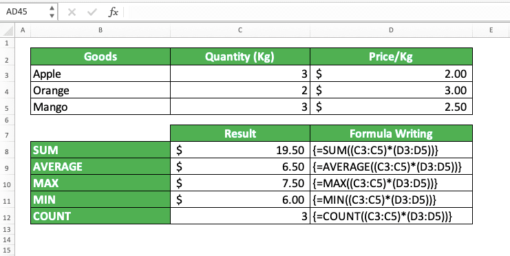 Multiplication in Excel and All Its Formulas & Functions - Screenshot of the Example for the Array Formula to Do Multiplication and Another Number Processing