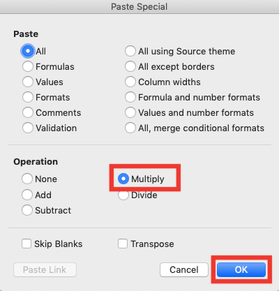 Multiplication in Excel and All Its Formulas & Functions - Screenshot of the Multiply and OK Location in the Paste Special Dialog Box