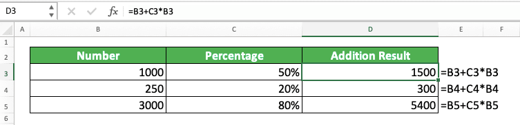 How to Calculate Percentages in Excel and All Its Formulas/Functions - Screenshot of the Number and Percentage Addition Formula Implementation Example