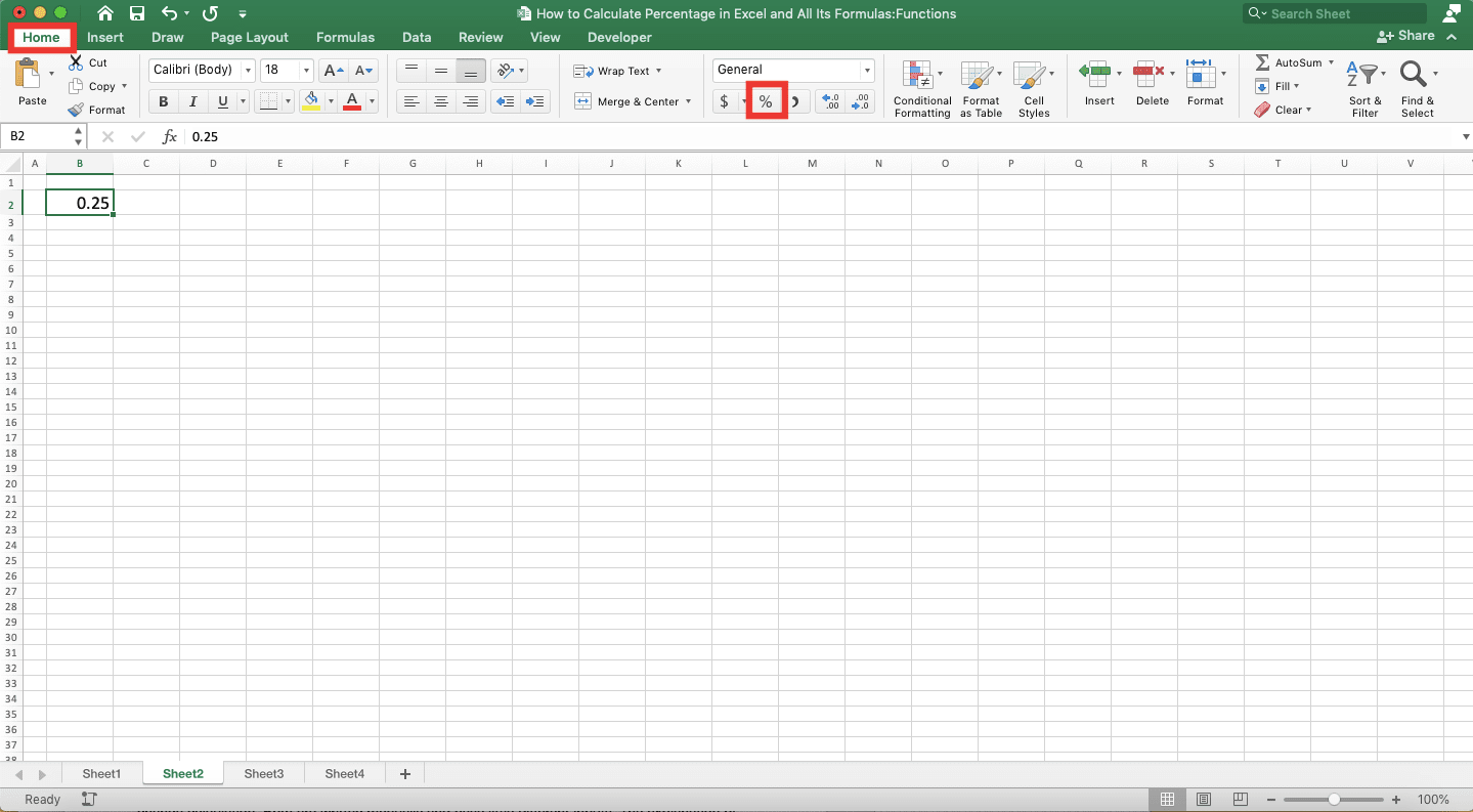 How to Calculate Percentages in Excel and All Its Formulas/Functions - Screenshot of the Home Tab and Percent Style Button Locations