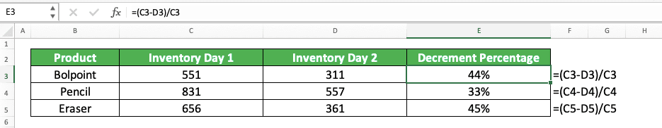 How to Calculate Percentages in Excel and All Its Formulas/Functions - Screenshot of the Decrease Percentage Formula Implementation Example