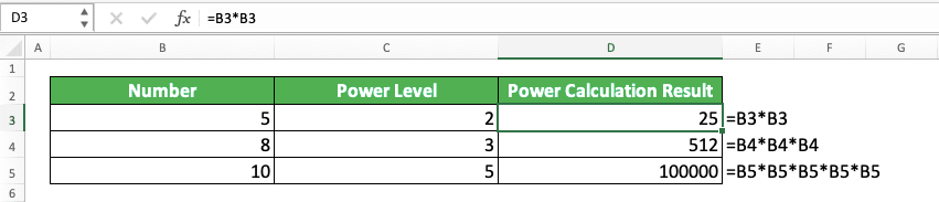 How to Calculate Power in Excel - Screenshot of a Power Calculation Implementation Example Using the Star Symbol