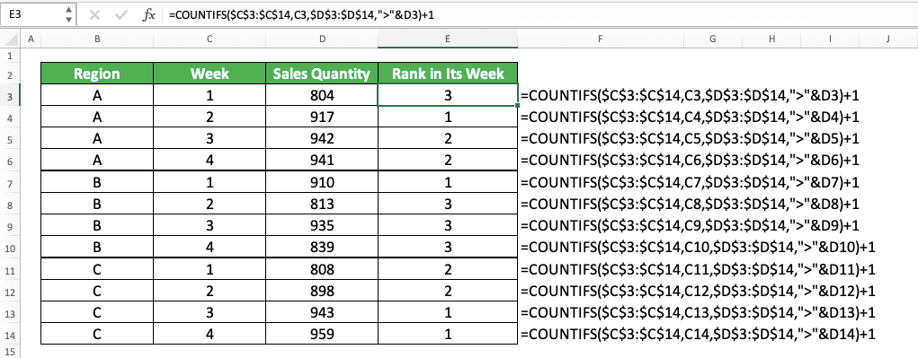 How to Rank in Excel with Various Excel Ranking Formulas - Screenshot of the COUNTIFS Implementation Example to Rank with Criteria