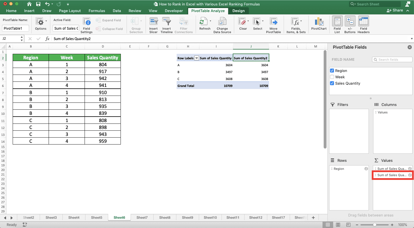 How to Rank in Excel with Various Excel Ranking Formulas - Screenshot of the Numbers Value Addition in a Pivot Table