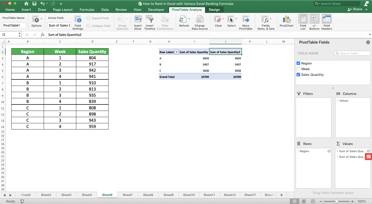 How to Rank in Excel with Various Excel Ranking Formulas - Screenshot of the Value Button Location in a Pivot Table