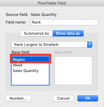 How to Rank in Excel with Various Excel Ranking Formulas - Screenshot of the Example of Choosing Numbers Label Variable in the Base Field Box