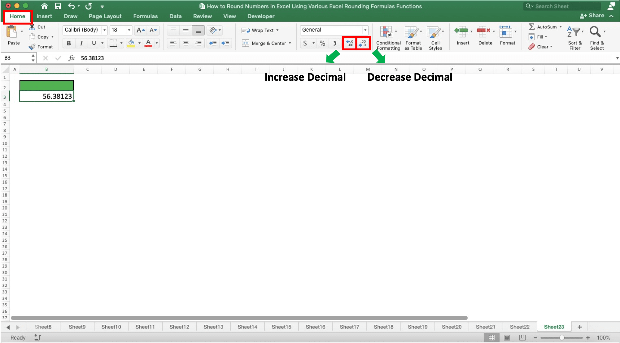 How to Round Numbers in Excel Using Various Excel Rounding Formulas/Functions - Screenshot of the Increase Decimal and Decrease Decimal Buttons Locations in Excel