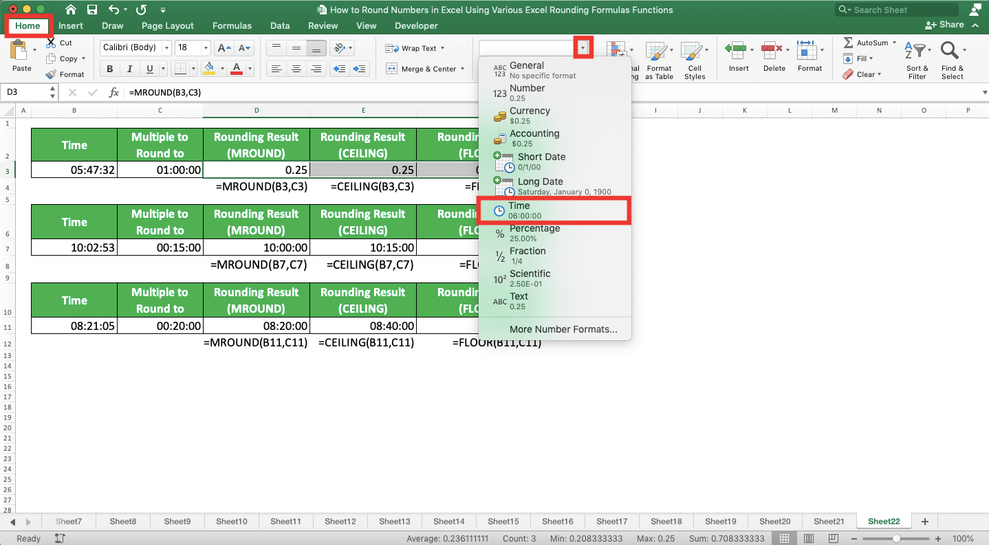 How to Round Numbers in Excel Using Various Excel Rounding Formulas/Functions - Screenshot of the Locations of Home Tab, Data Format Dropdown, and Its Time Dropdown Choice
