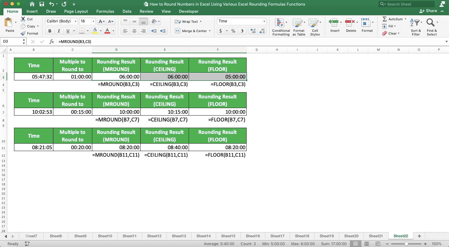 How to Round Numbers in Excel Using Various Excel Rounding Formulas/Functions - Screenshot of the Implementation Example of the Time Data Format to a Time Rounding Result in Excel