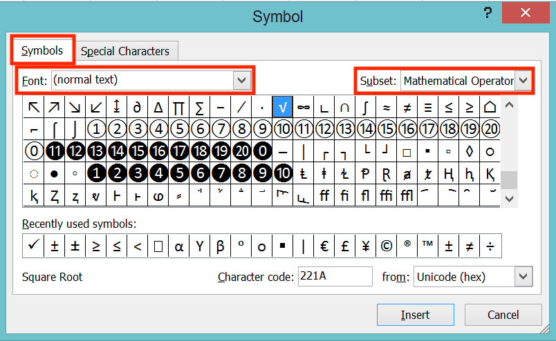 How to Calculate Square Root in Excel - Screenshot of the Symbols Tab, (normal tab) Choice in the Font Dropdown, and Mathematical Operators in the Subset Dropdown Locations