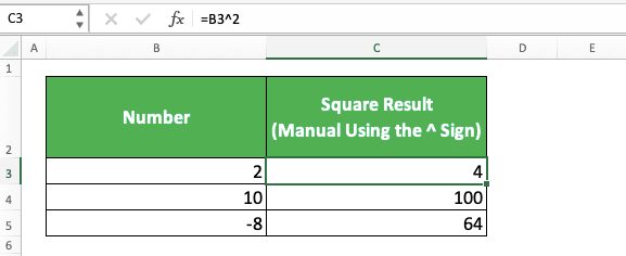 How to Make a Square Excel Calculation and All Its Formulas & Functions - Screenshot of the Example of Using the ^ Symbol to Square a Number in Excel