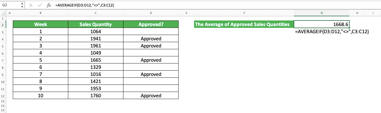 How to Use the AVERAGEIF Function in Excel: Usabilities, Examples, and Writing Steps - Screenshot of the AVERAGEIF Implementation Example with a Not Blank Criterion