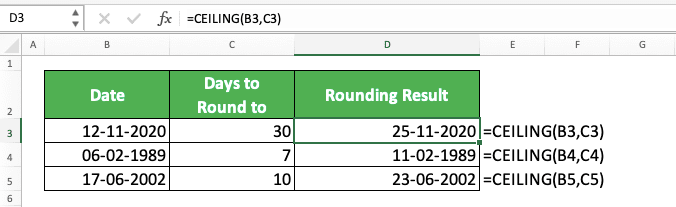 How to Use the CEILING Excel Formula: Functions, Examples and Writing Steps - Screenshot of the CEILING Implementation Example to Round Up Date