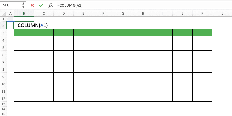 How to Use the COLUMN Formula in Excel: Functions, Examples, and Writing Steps - Screenshot of the COLUMN Writing Example to Number Columns in a Data Table