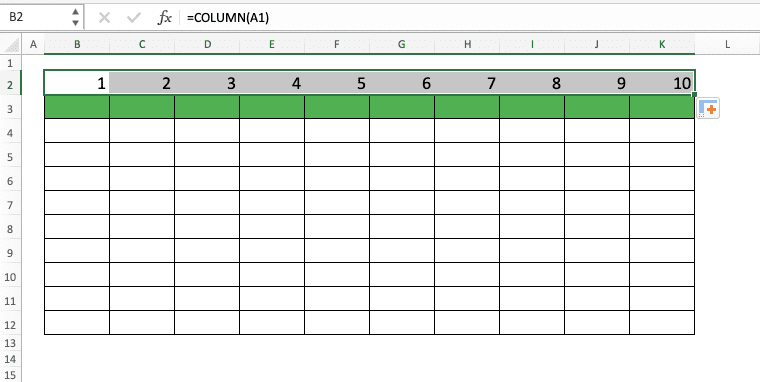 How to Use the COLUMN Formula in Excel: Functions, Examples, and Writing Steps - Screenshot of the COLUMN Implementation Example to Number Columns in a Data Table