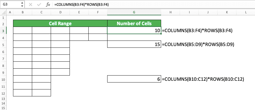 How to Use the COLUMNS Formula in Excel: Usabilities, Examples, and Writing Steps - Screenshot of the COLUMNS ROWS Implementation Example to Get the Number of Cells in a Cell Range