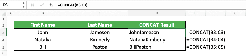 CONCAT Excel Formula: Functions, Examples, and How to Use - Screenshot of the CONCAT Implementation Example for Columns Data in Excel