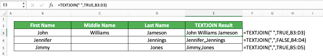 CONCAT Excel Formula: Functions, Examples, and How to Use - Screenshot of the TEXTJOIN Implementation Example in Excel