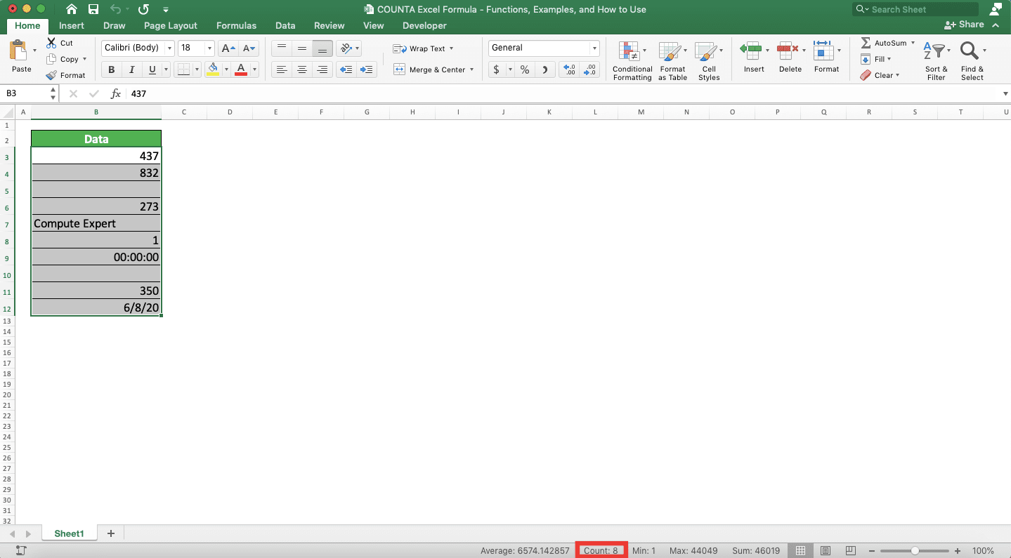 COUNTA Excel Formula: Functions, Examples, and How to Use - Screenshot of Excel Status Bar Implementation to Count Data in Excel