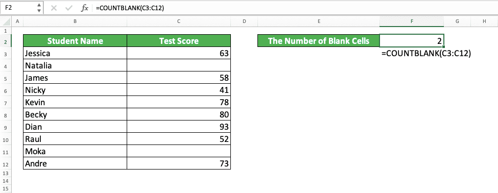 How to Use the COUNTBLANK Function in Excel: Usabilities, Examples, and Its Writing Steps - Screenshot of the COUNTBLANK Implementation Example