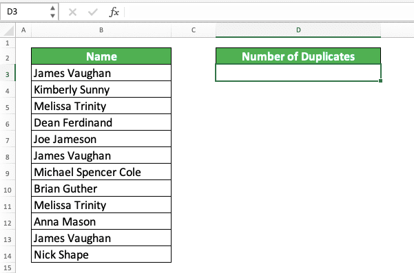 How to Use COUNTIF Formula/Function in Excel - Screenshot of Data for the Example of Count of Duplicates Using COUNTIF