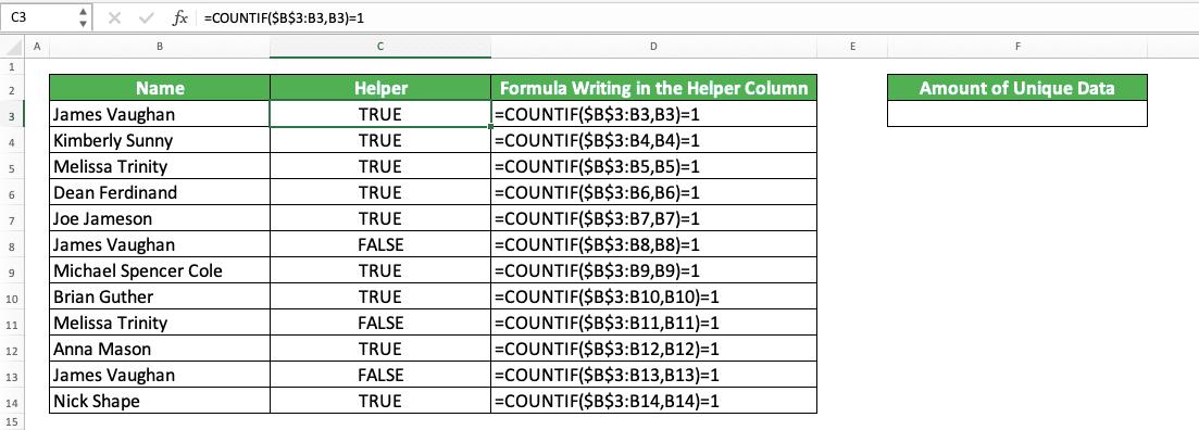 How to Use COUNTIF Formula/Function in Excel - Screenshot of the COUNTIF Formula Example in the Helper Column for Counting Unique Data Using COUNTIF