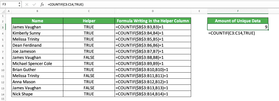 How to Use COUNTIF Formula/Function in Excel - Screenshot of the Implementation Example of Count of Unique Data Using COUNTIF