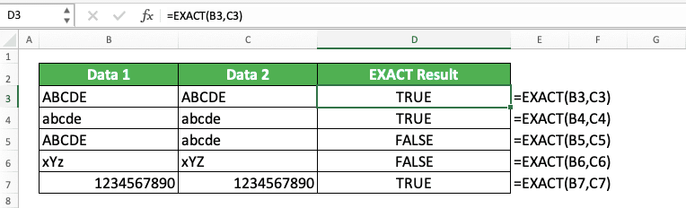 How to Use the EXACT Function in Excel: Usabilities, Examples, and Its Writing Steps - Screenshot of the EXACT Implementation Example