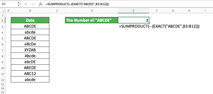 How to Use the EXACT Function in Excel: Usabilities, Examples, and Its Writing Steps - Screenshot of the SUMPRODUCT EXACT Implementation Example