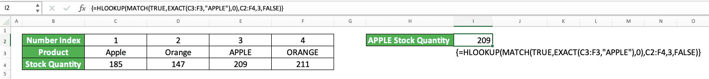 HLOOKUP Formula in Excel: Functions, Examples, and How to Use - Screenshot of the Case-Sensitive HLOOKUP Implementation Example