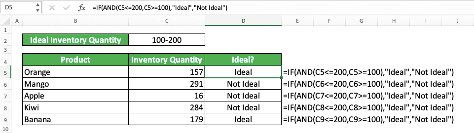 How to Combine IF AND Formulas in Excel - Screenshot of the IF AND Implementation Example to Get a Result if Our Number is in a Range