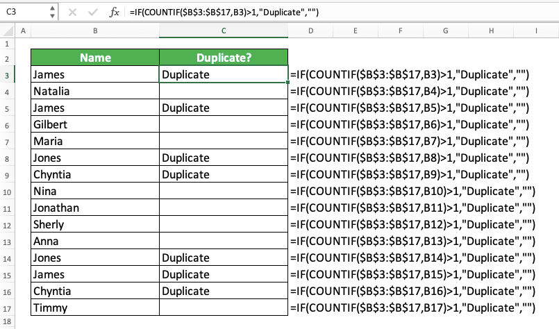 IF COUNTIF Functions and Usage in Excel - Screenshot of the IF COUNTIF Implementation to Find Duplicates in Excel