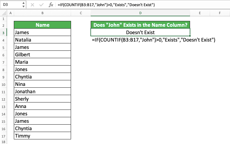 IF COUNTIF Functions and Usage in Excel - Screenshot of the IF COUNTIF Implementation to Know Data Existence in Excel