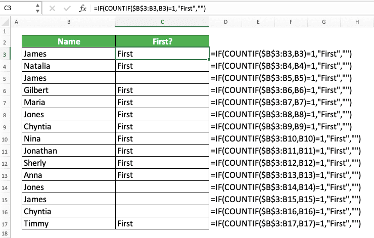 IF COUNTIF Functions and Usage in Excel - Screenshot of the IF COUNTIF Implementation to Find First Occurrences of Data in Excel