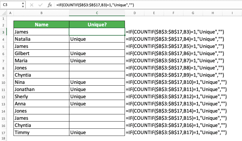 IF COUNTIF Functions and Usage in Excel - Screenshot of the IF COUNTIF Implementation to Find Unique Data in Excel