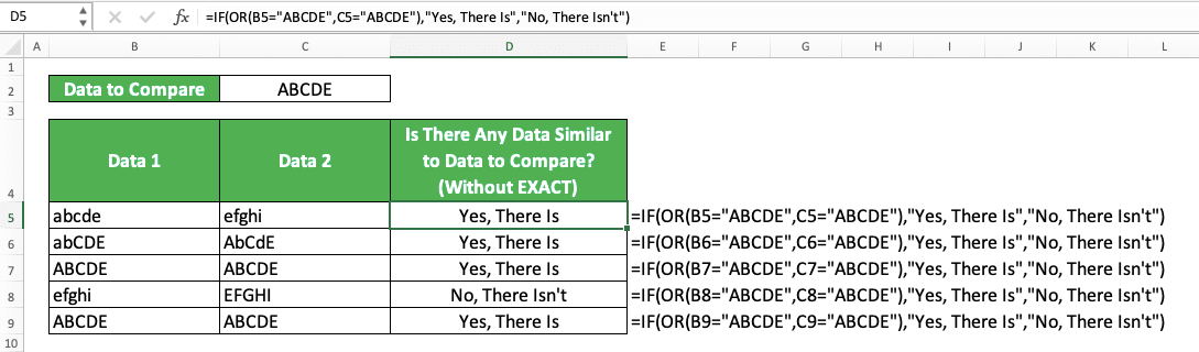 How to Combine IF OR Formulas in Excel - Screenshot of the IF OR Implementation Example Without EXACT