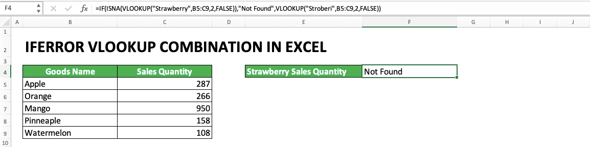 Using IFERROR VLOOKUP Combination in Excel - Screenshot of The IF ISERROR VLOOKUP Example