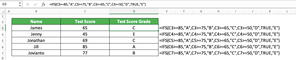 How to Use the IFS Function in Excel: Usabilities, Examples, and Writing Steps - Screenshot of the IFS and TRUE Combination Implementation Example