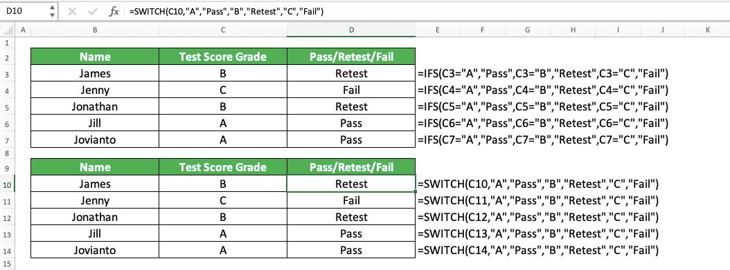 How to Use the IFS Function in Excel: Usabilities, Examples, and Writing Steps - Screenshot of the IFS and SWITCH Implementation Examples Comparison