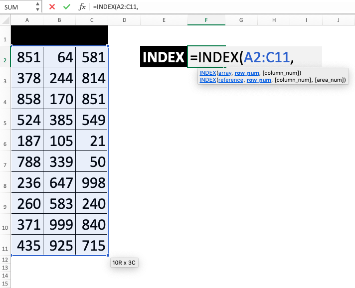 INDEX Function in Excel - Screenshot of Step 1-3
