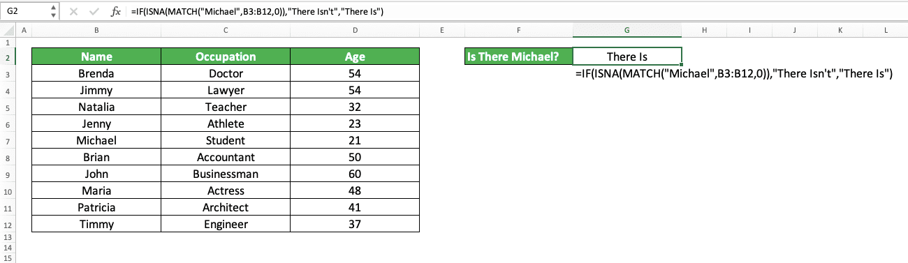 How to Use ISNA Excel Formula: Functions, Examples and Writing Steps - Screenshot of the IF, ISNA, and MATCH Combination Implementation Example