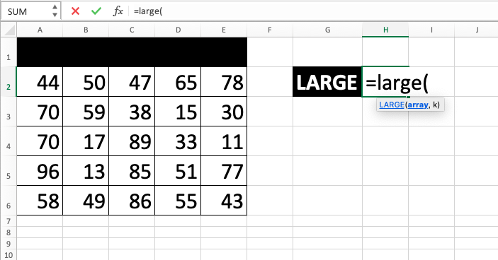 LARGE Function in Excel - Screenshot of Step 2