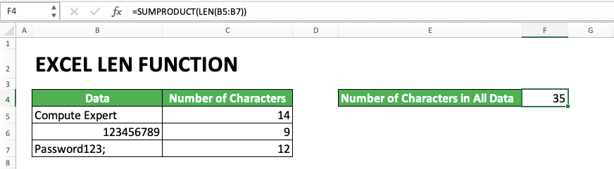 How to Use Excel LEN Function/Formula: Usability, Example, and Writing Steps - Screenshot of the Example of SUMPRODUCT LEN