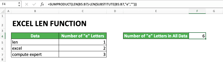 How to Use Excel LEN Function/Formula: Usability, Example, and Writing Steps - Screenshot of the Example of LEN SUBSTITUTE to Count Characters Without Spaces