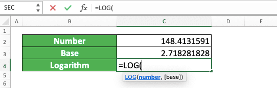 How to Use the LOG Function in Excel: Usabilities, Examples, and Writing Steps - Screenshot of Step 2