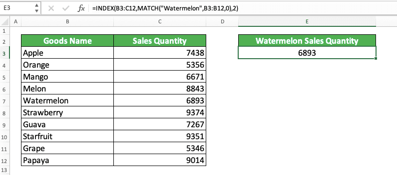 How to Use MATCH Formula in Excel: Function, Example, and Writing Steps - Screenshot of the Example for INDEX MATCH and Result in Excel