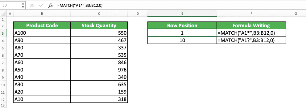 How to Use MATCH Formula in Excel: Function, Example, and Writing Steps - Screenshot of the Example for Wildcard Characters Usage in MATCH