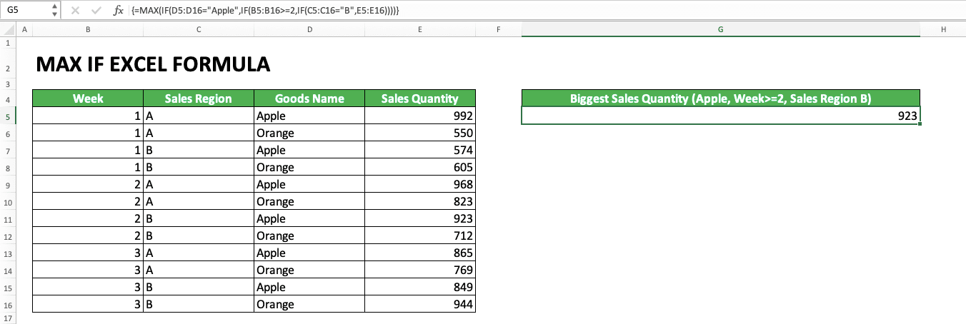 How to Use MAX IF Excel Formula: Usability, Example, and Writing Steps - Screenshot of the Example of MAX IF Usage and Result With More Than 1 Criteria
