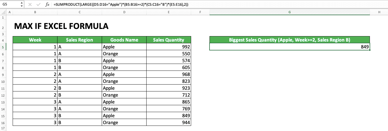 How to Use MAX IF Excel Formula: Usability, Example, and Writing Steps - Screenshot of the Result Example of SUMPRODUCT LARGE