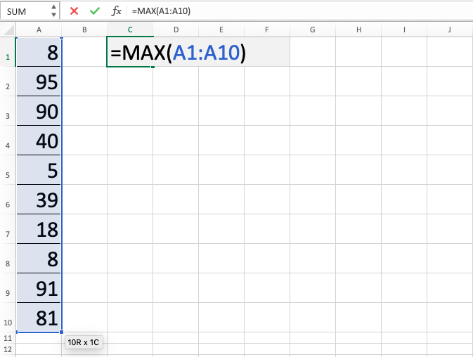 MAX Function in Excel - Screenshot of Step 4